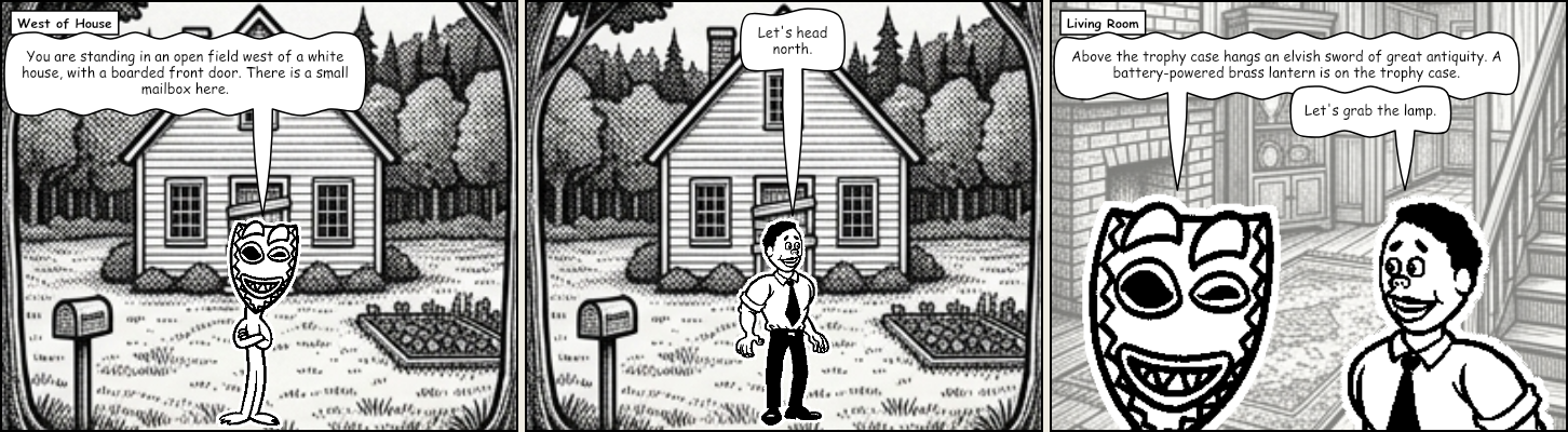 Three panels from the game: the Hero stands in the field west of the house as the Guide narrates the classic opening; the Hero says 'Let's head north'; the Hero and Guide face each other in the Living Room beside the trophy case as the Guide describes the lamp and sword and the Hero says 'Let's grab the lamp.'